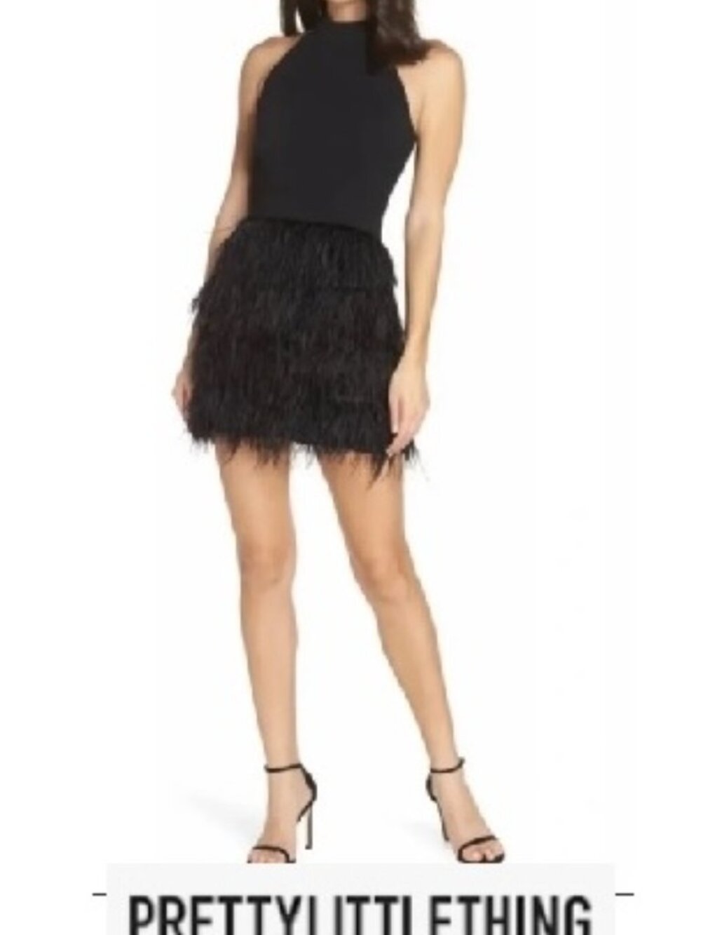 NEW Pretty Little Thing Black Halter Multi Tier Feather Party Club Dress  8 or M